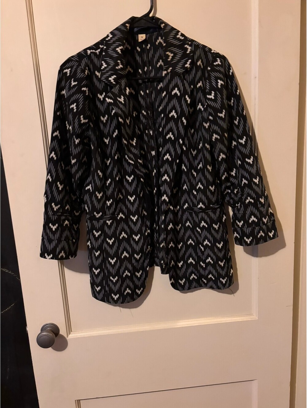 Black and white patterned open front blazer